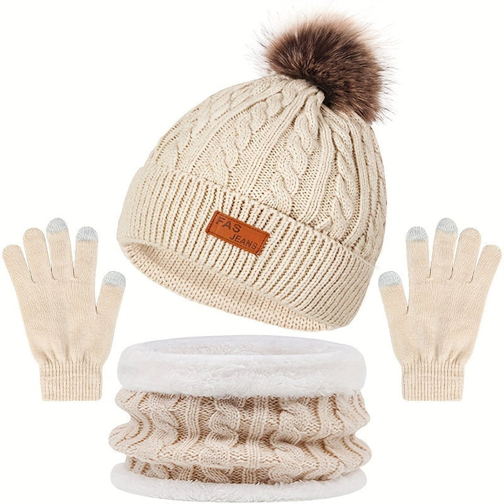 Women's 3-in-1 Cable Knit Winter Set - Pompom Hat, Neck Warmer, and Touchscreen Gloves