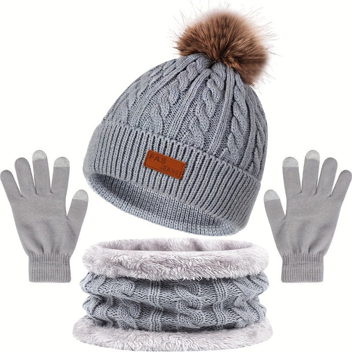 Women's 3-in-1 Cable Knit Winter Set - Pompom Hat, Neck Warmer, and Touchscreen Gloves