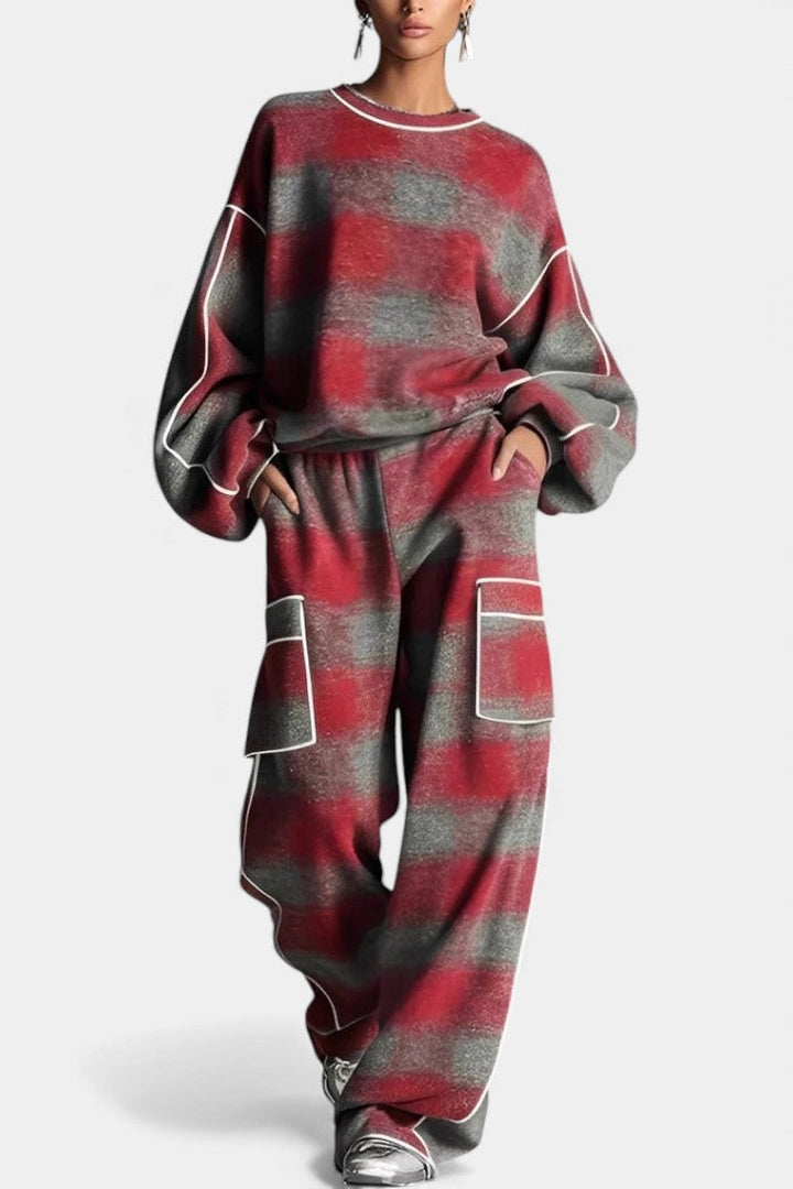 Hayden Viviana™ | Casual Red and Gray Plaid Set