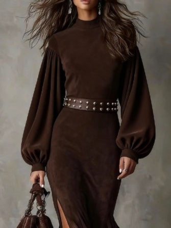 Retro latarnia długa sukienka z długim rękawem i półwysokim kołnierzem