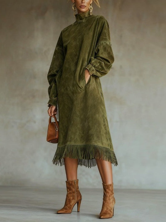 Suede Turtleneck Dress with Fringe