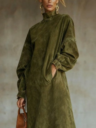 Suede Turtleneck Dress with Fringe