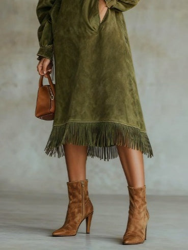 Suede Turtleneck Dress with Fringe