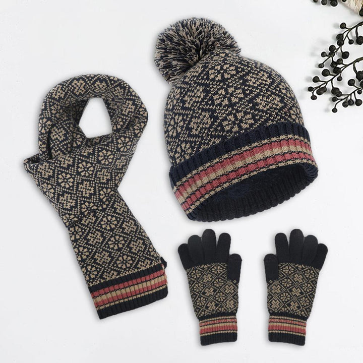 Women's 3-in-1 Winter Set with Jacquard Pattern - Pompom Hat, Scarf and Touchscreen Gloves