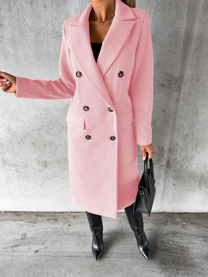 Women's Long Coat - Double-Breasted with Lapel Collar