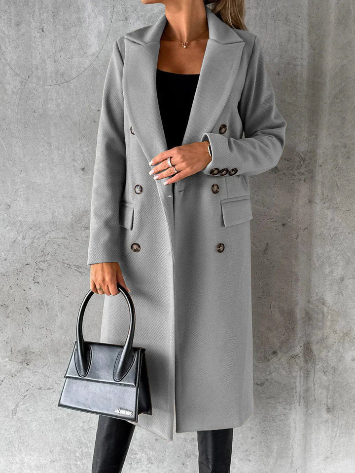 Women's Long Coat - Double-Breasted with Lapel Collar
