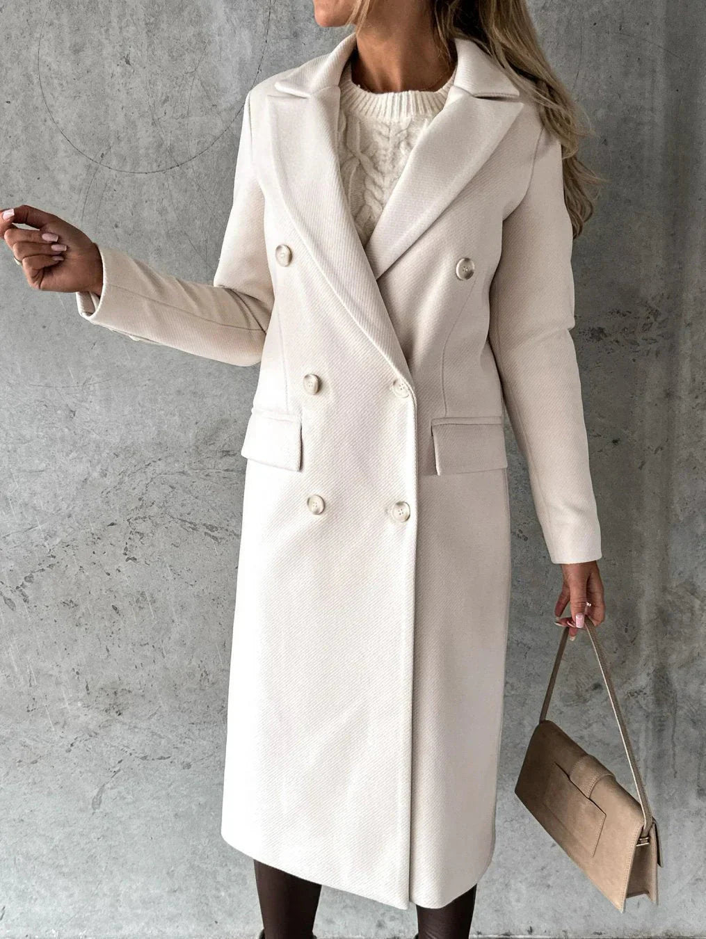 Women's Long Coat - Double-Breasted with Lapel Collar