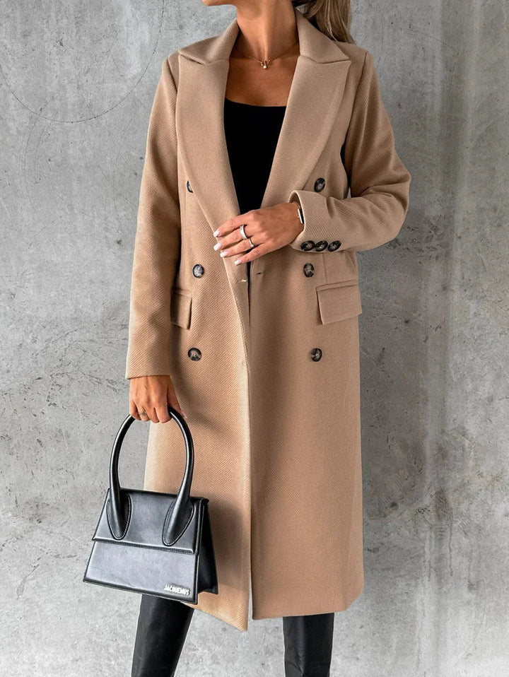 Women's Long Coat - Double-Breasted with Lapel Collar