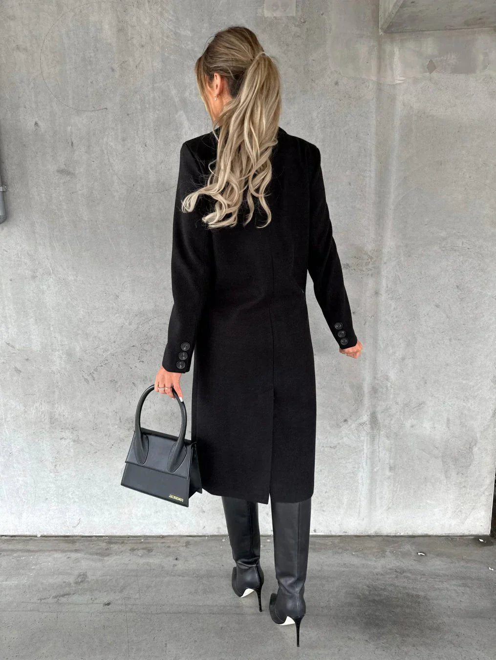 Women's Long Coat - Double-Breasted with Lapel Collar