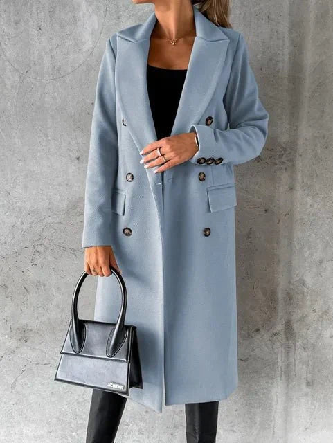 Women's Long Coat - Double-Breasted with Lapel Collar