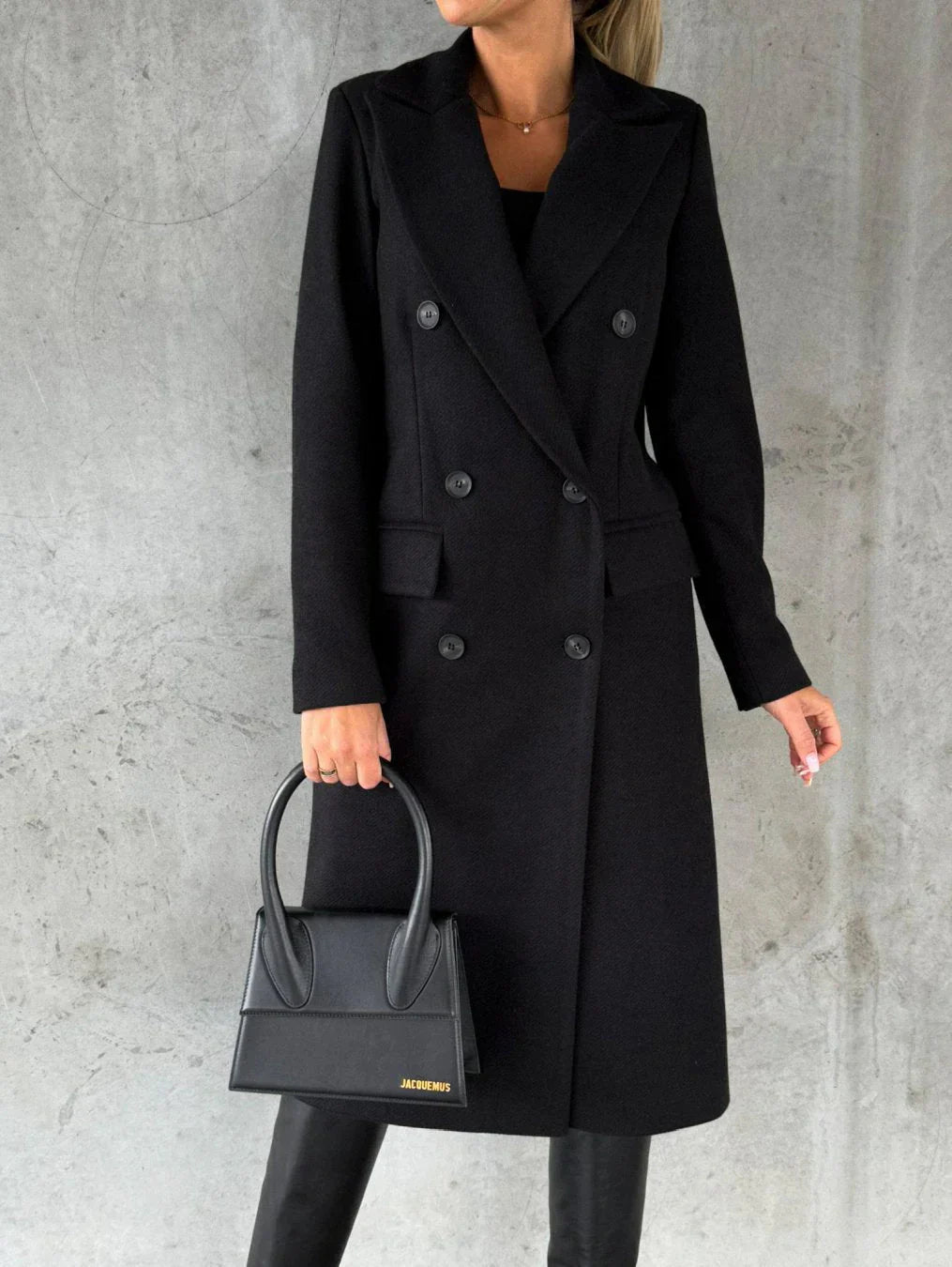 Women's Long Coat - Double-Breasted with Lapel Collar