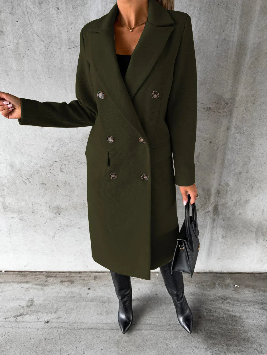 Women's Long Coat - Double-Breasted with Lapel Collar
