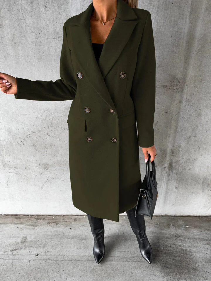 Women's Long Coat - Double-Breasted with Lapel Collar