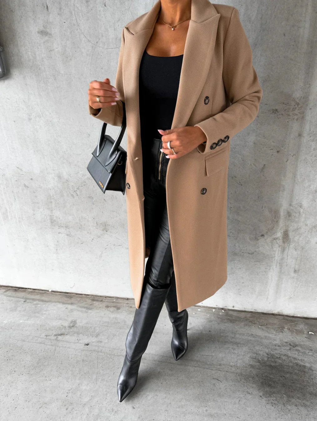 Women's Long Coat - Double-Breasted with Lapel Collar