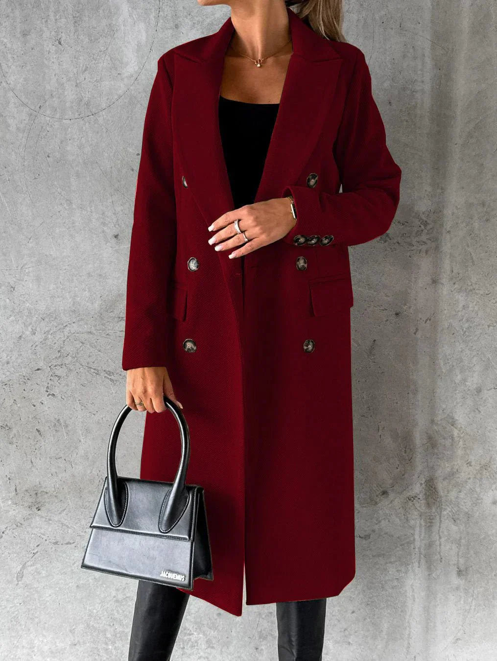 Women's Long Coat - Double-Breasted with Lapel Collar