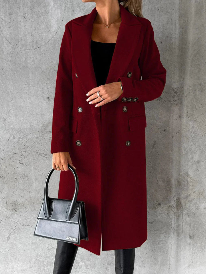 Women's Long Coat - Double-Breasted with Lapel Collar