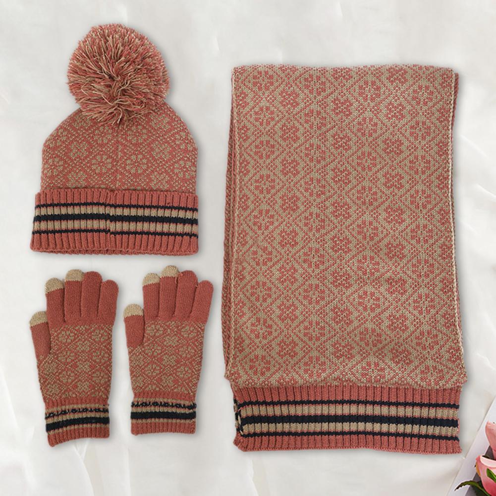 Women's 3-in-1 Winter Set with Jacquard Pattern - Pompom Hat, Scarf and Touchscreen Gloves