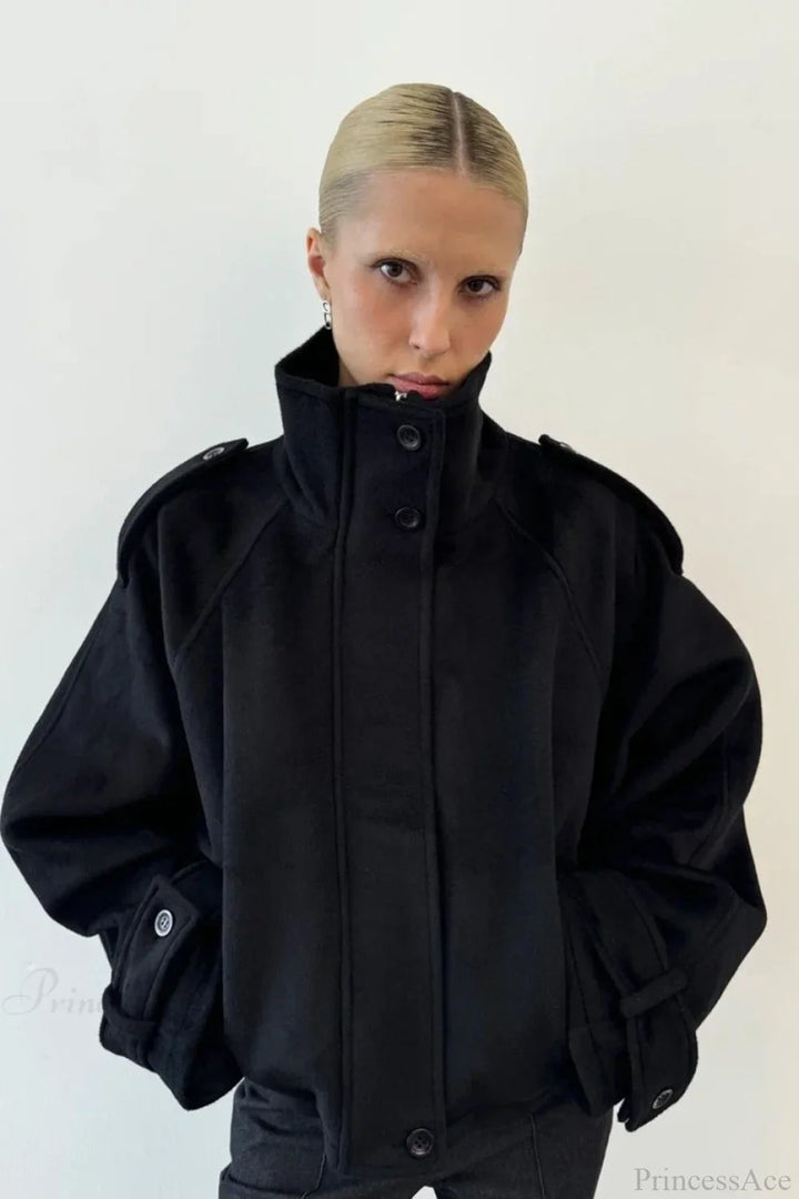 Vintage Stand Collar Buttoned Short Wool Coat