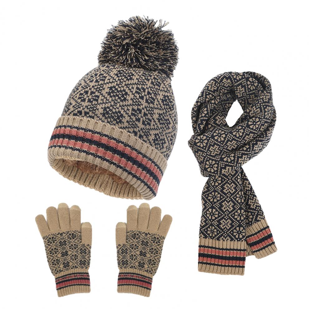 Women's 3-in-1 Winter Set with Jacquard Pattern - Pompom Hat, Scarf and Touchscreen Gloves